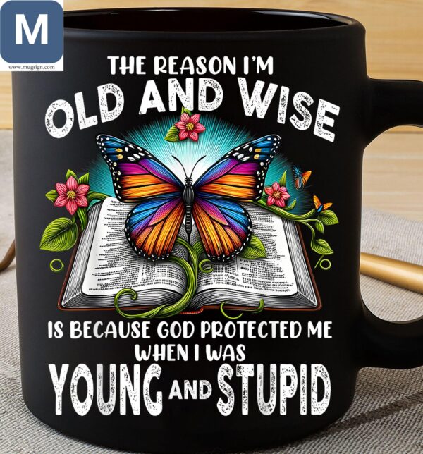 The Reason I'm Old And Wise Is Because God Protected Me When I Was Young And Stupid Book Butterfly Humorous Wisdom Inspirational Mugs